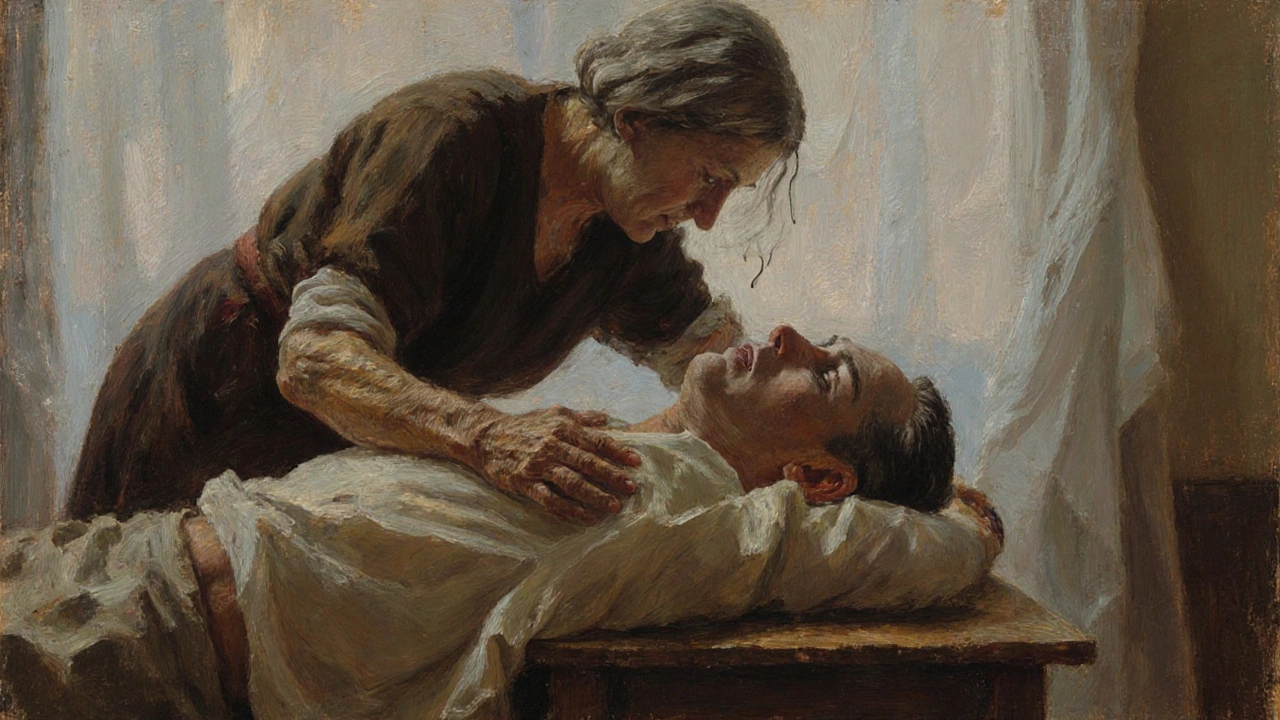 An elderly woman massaging a man’s lower back in silence, tears on his face, plain room with no decorations.