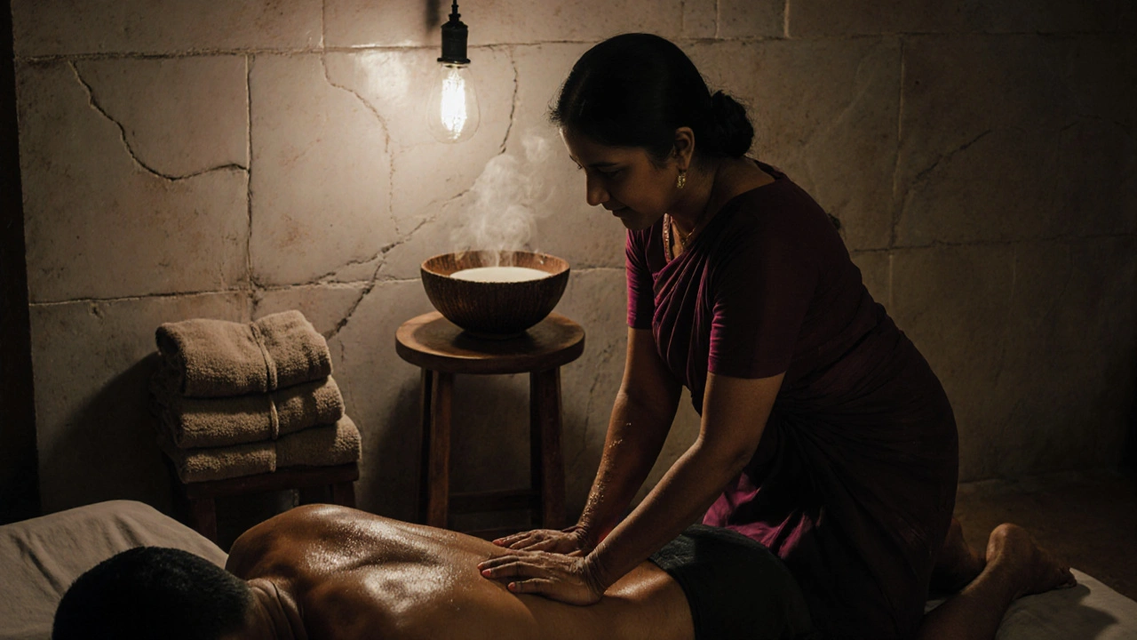 An Indian therapist applies deep pressure to a client&#039;s sacrum in a simple, unadorned home massage room.