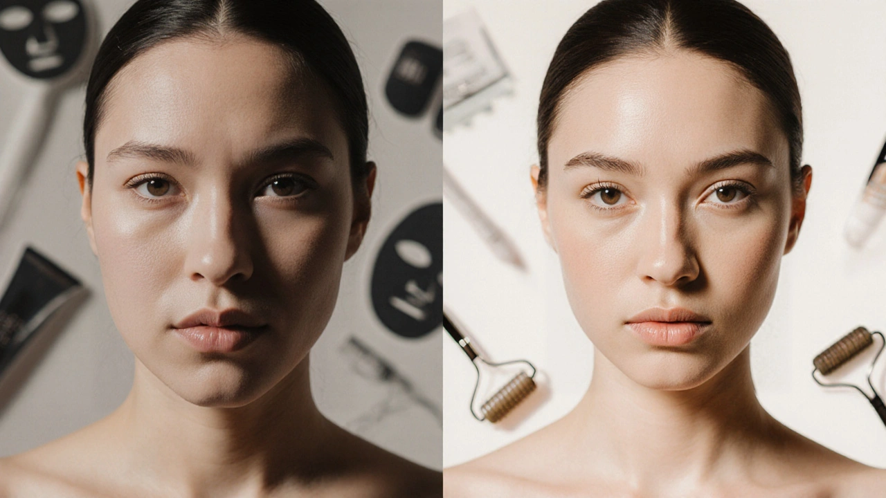 Before and after split of a face: puffy and tired versus sculpted and radiant, natural lighting, no makeup.