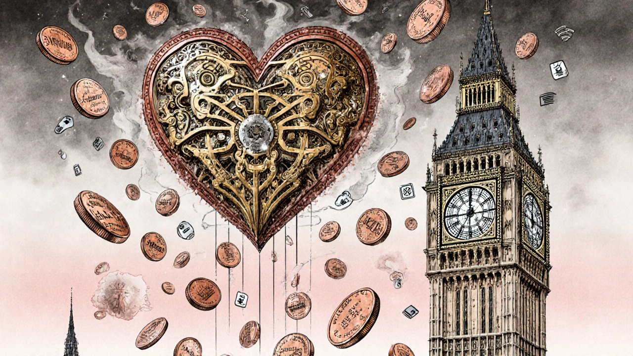 Brass pendulum of Big Ben suspended among floating pennies, each representing key London moments.