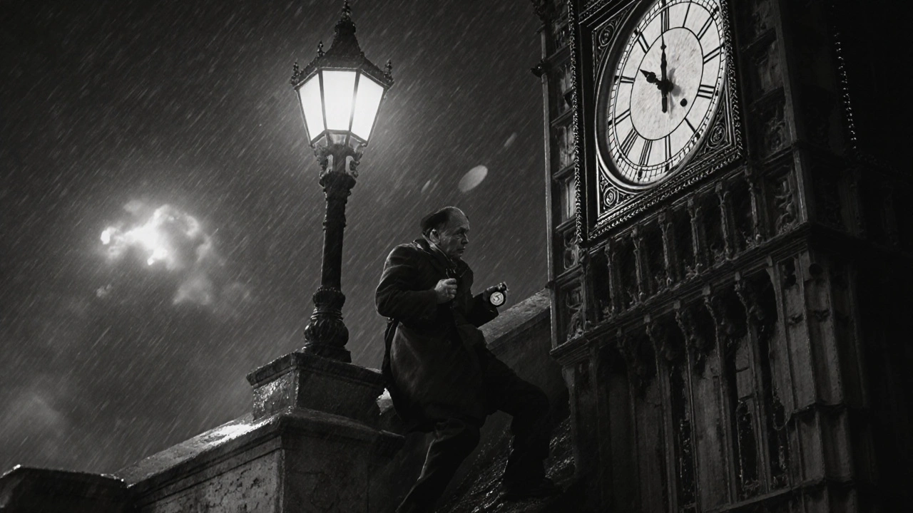 Clockmaker climbing Big Ben&#039;s stairs during WWII, radium-dial glowing faintly amid wartime darkness.