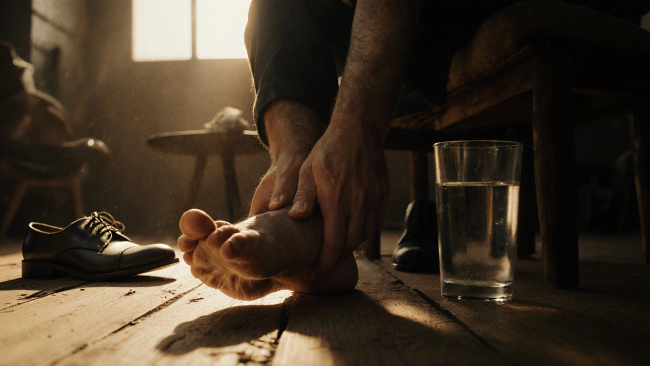 Close-up of a man&#039;s feet being massaged, fingers pressing into the arch and heel, shoes discarded nearby.