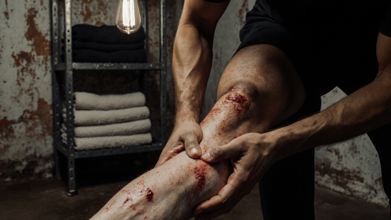 Close-up of therapist&#039;s hands working on runner&#039;s calf with visible muscle tension and sweat.
