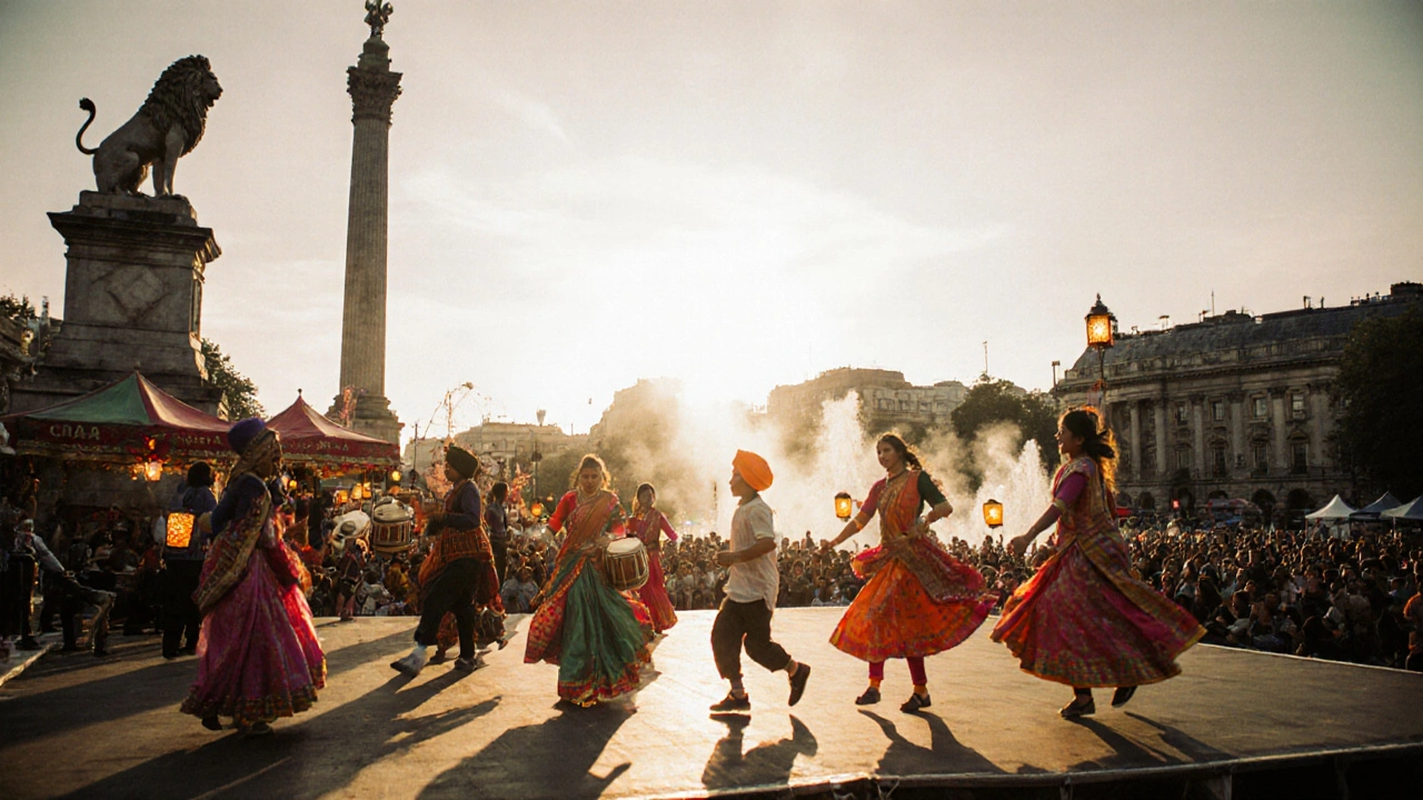 Colorful festival crowd dancing in Trafalgar Square under golden light, with Nelson&#039;s Column in the background.