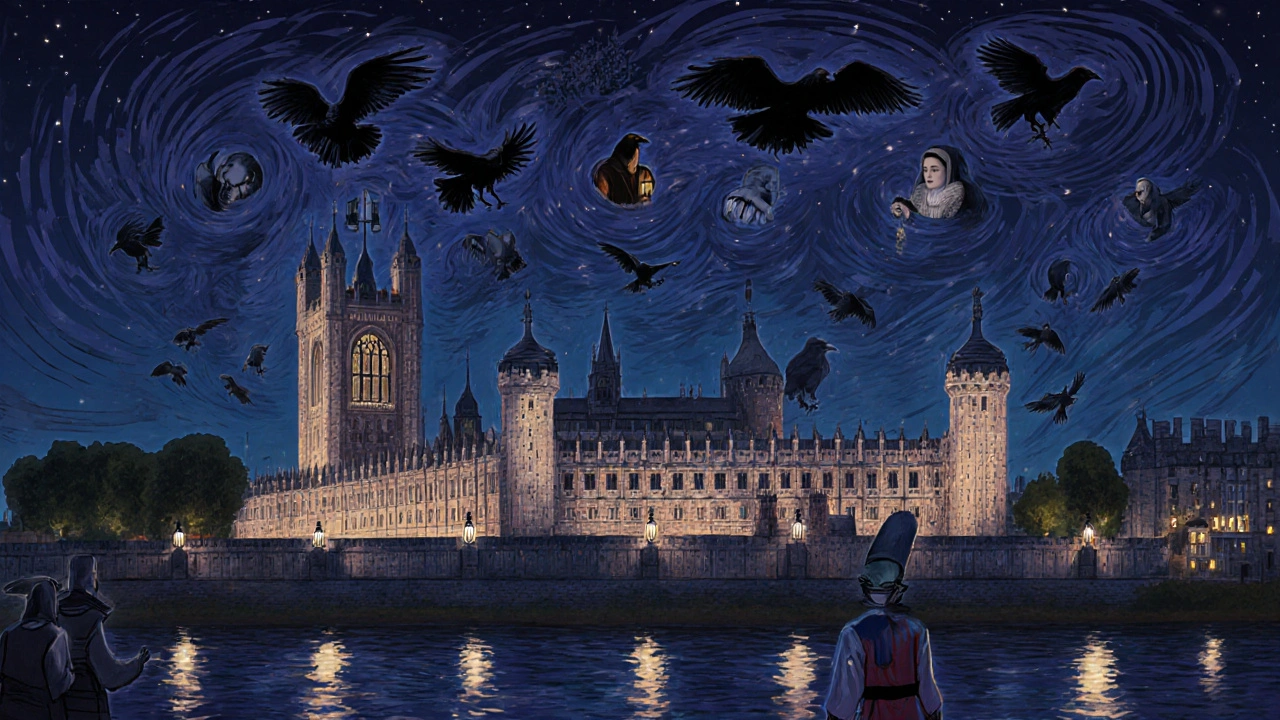 Ghostly figures and ravens surrounding the Tower at night, blending history and legend under a starry sky.