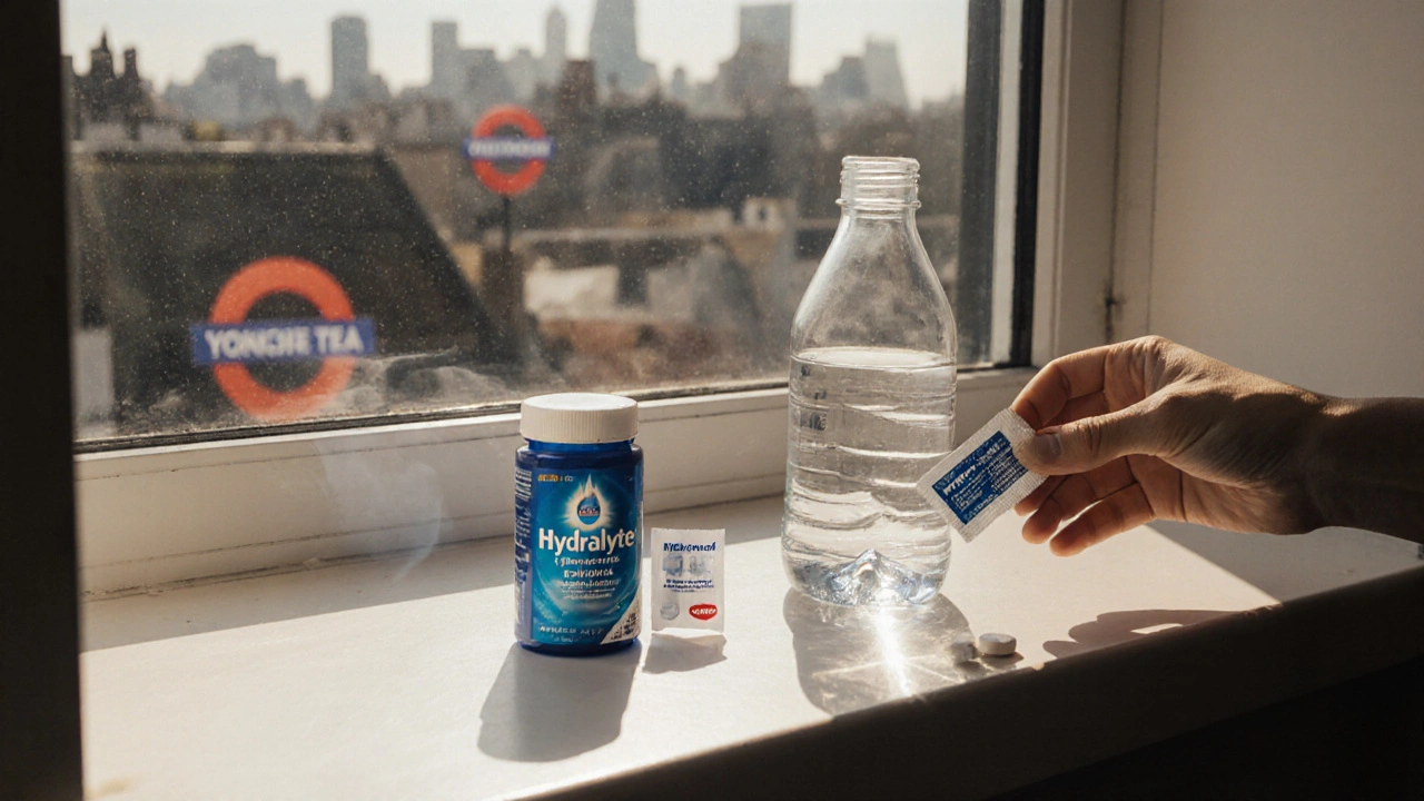 Hangover recovery items on a windowsill with tap water and tea bag in morning light.