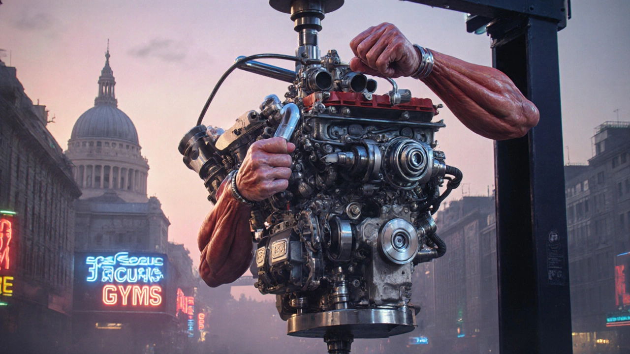 Human body depicted as a race car engine being serviced by mechanical tools shaped like hands.
