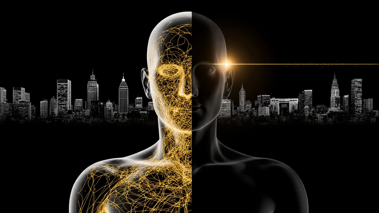 Human silhouette with glowing energy lines connecting body to urban skyline, symbolizing physical and nervous system reset.