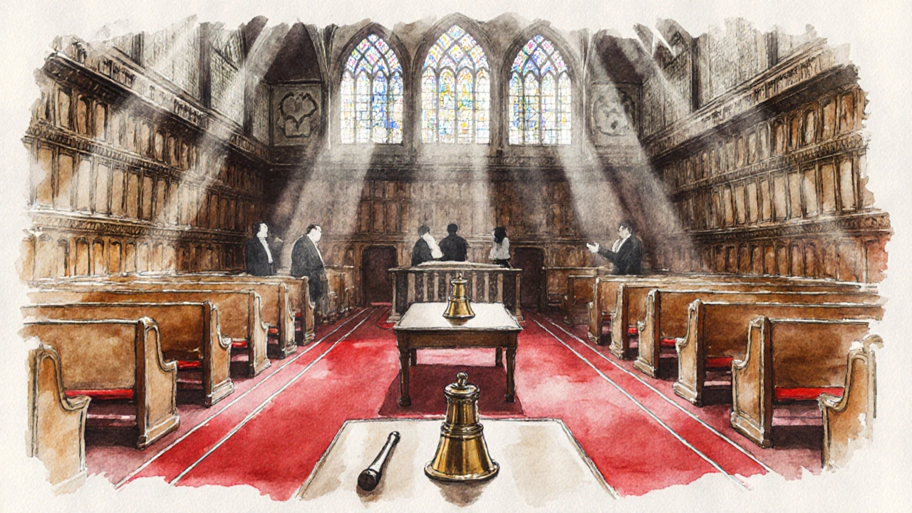 Interior of the Commons Chamber with wooden benches, red floor lines, and stained glass sunlight.