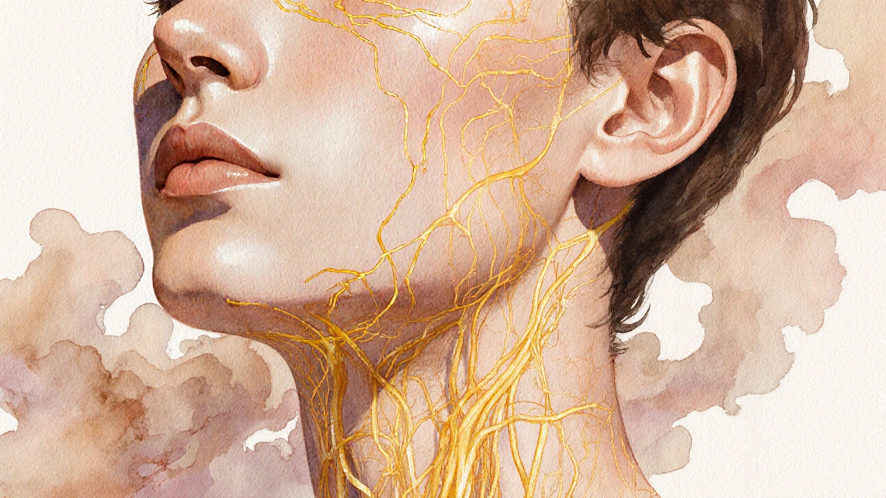 Invisible golden lymphatic flows beneath the skin, guiding toxins away from the face and neck in a watercolor style.