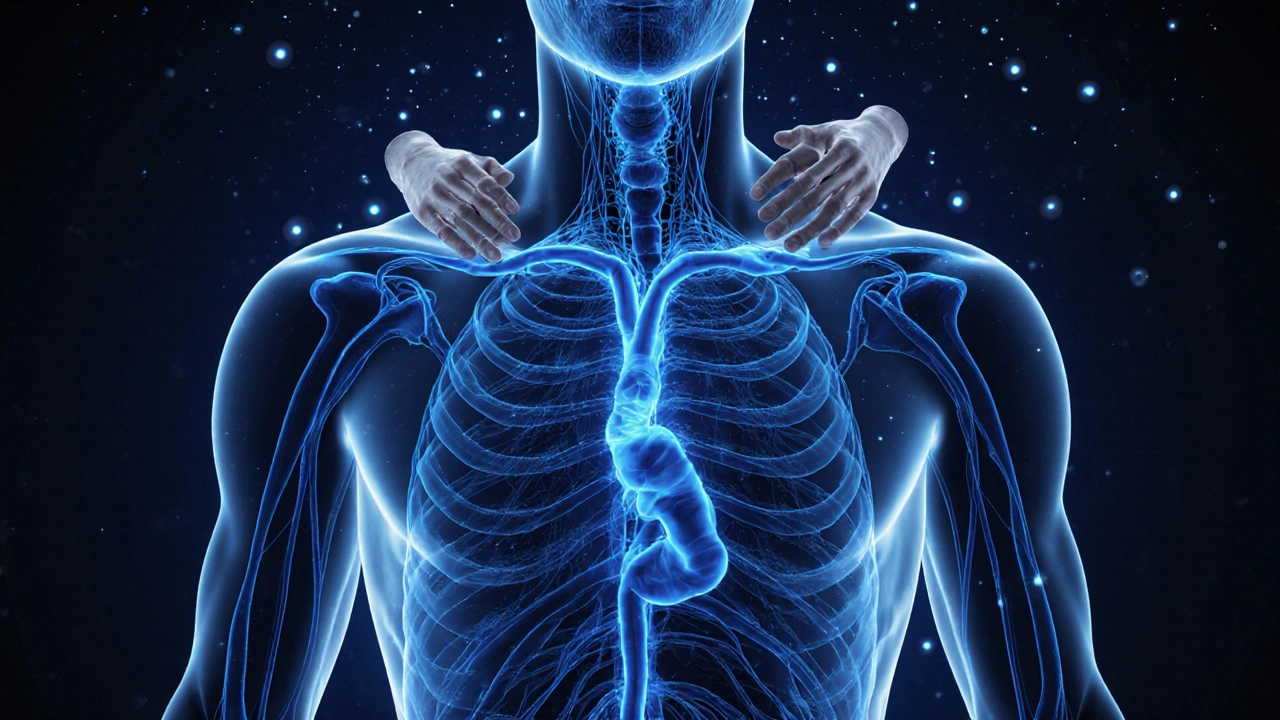 Invisible lymphatic network glowing beneath skin, guided by subtle hand motions.