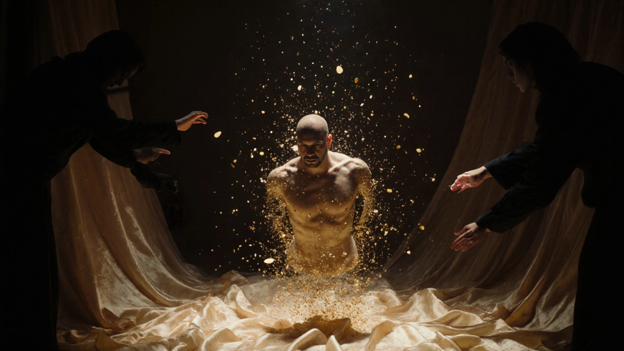 Man floating in silk room, body dissolving into golden light as tension transforms into calm particles.