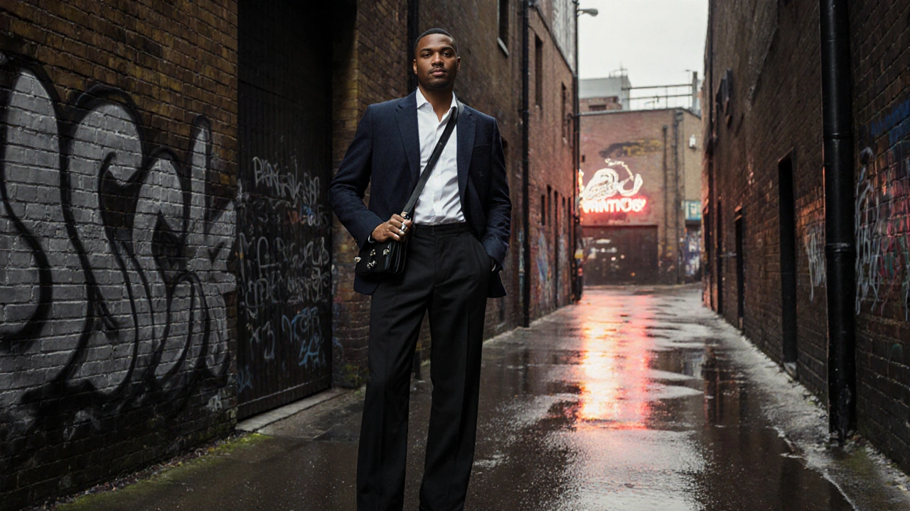 Man in navy blazer and combat boots standing outside an industrial-style London club with leather bag.