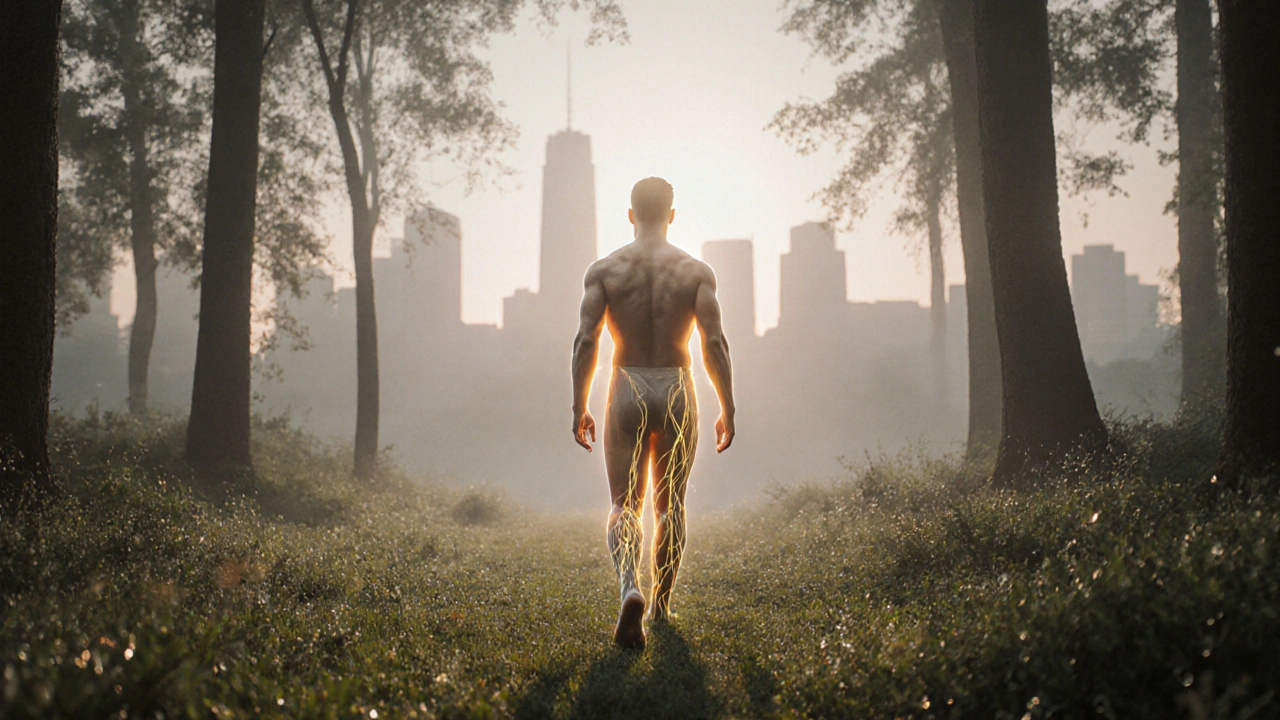 Man walking in misty forest, golden streams symbolizing lymphatic flow and renewal.