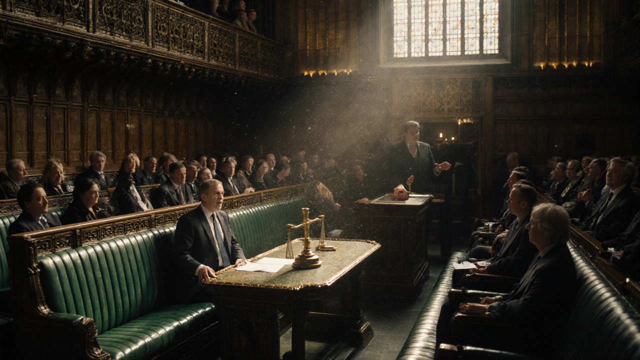 MPs debating in the green-benched Commons Chamber, sunlight streaming through high windows.