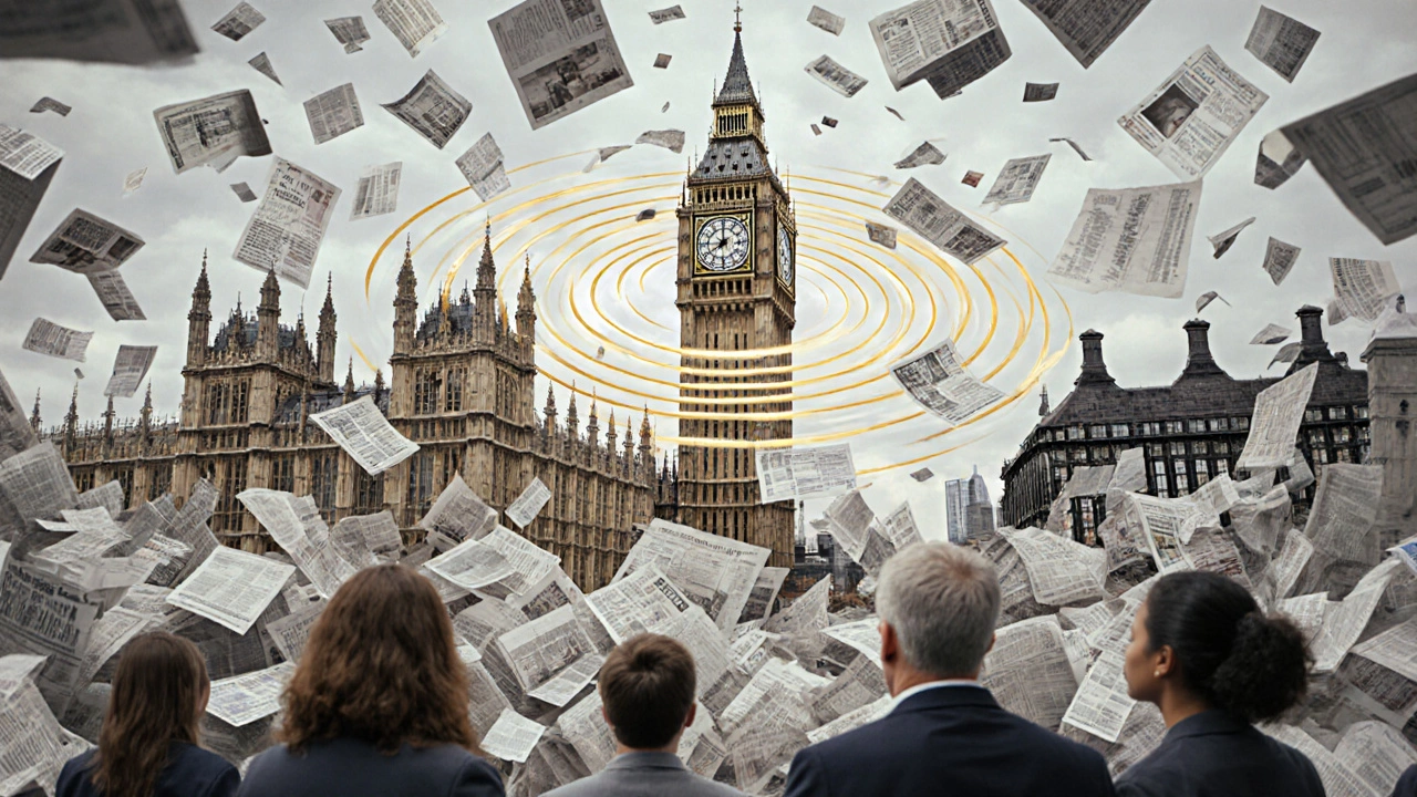 Parliament rising from swirling papers and debate ripples, with Londoners gazing upward in reverence.