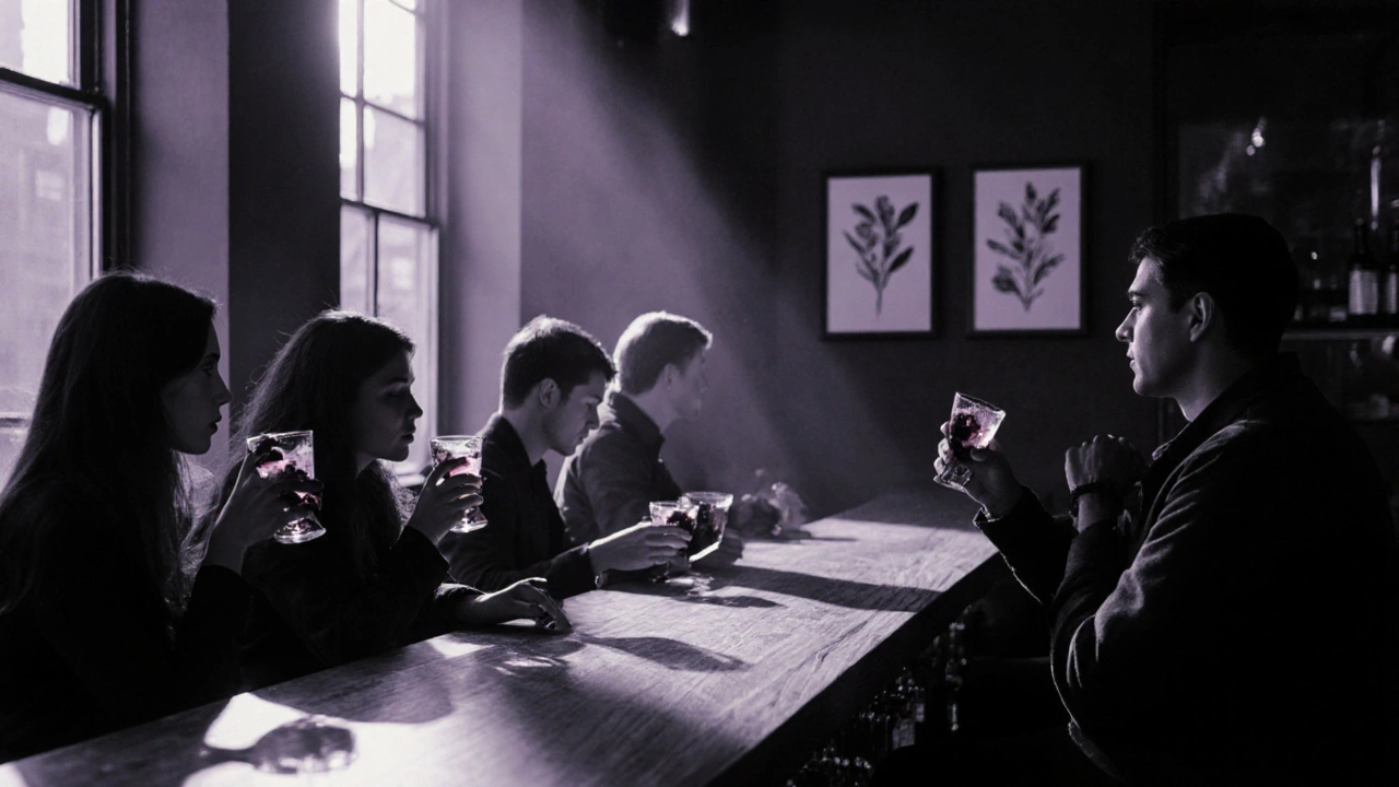 Patrons enjoying silent cocktail nights with drinks that change flavor, illuminated by soft moonlight.