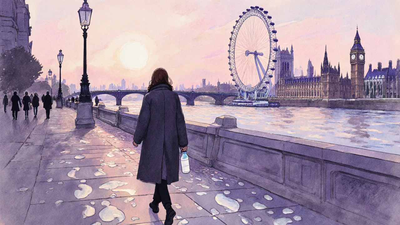 Someone walking along the Thames at sunrise with London landmarks in the distance.