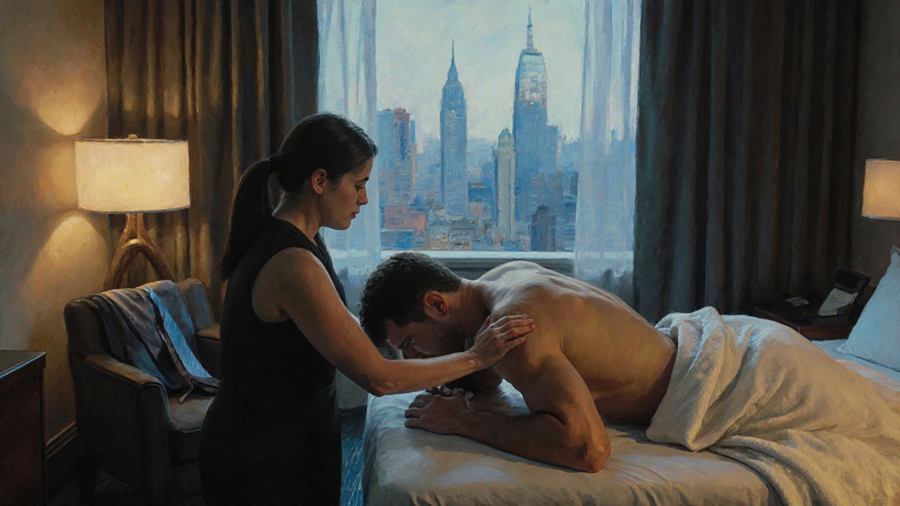 Stressed man receiving a deep tissue massage in a hotel room, eyes closed in relief.