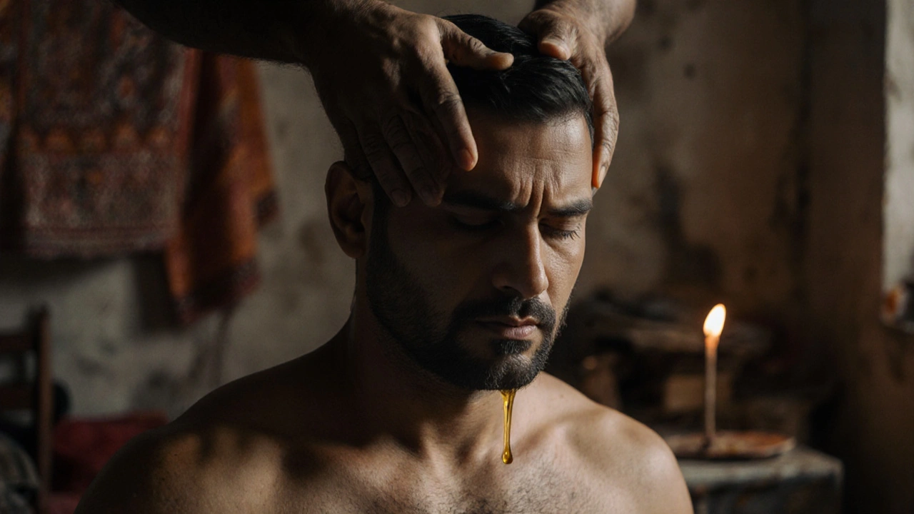 Strong hands press into a man&#039;s shoulders and scalp during a deep head massage, oil glistening on his skin.