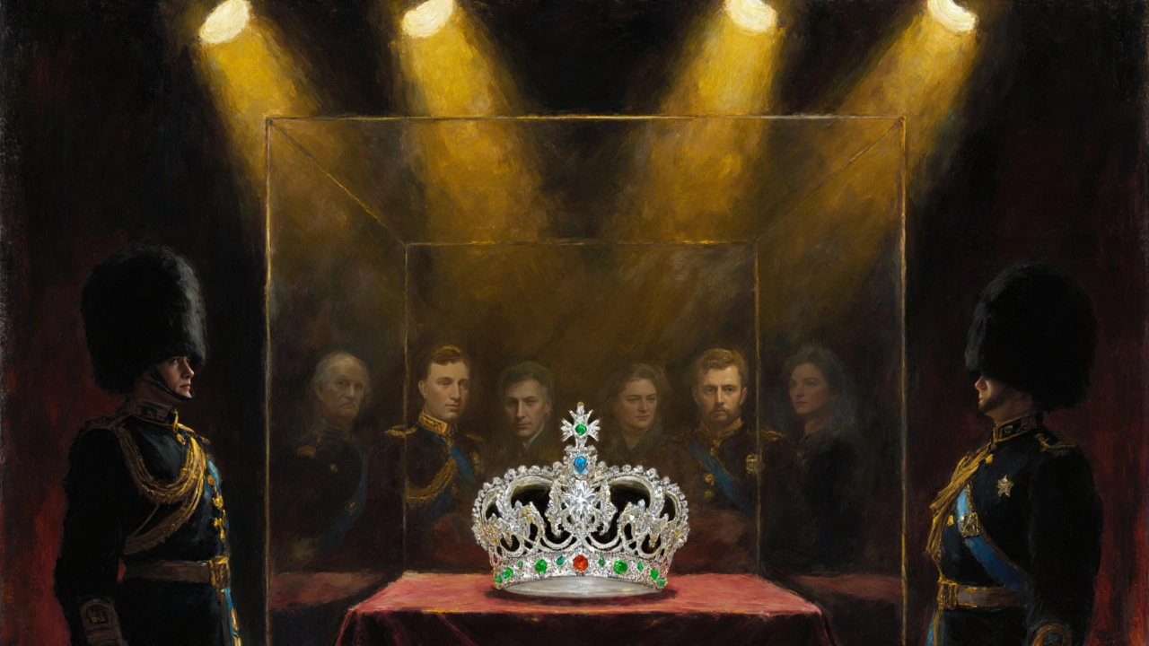 The Crown Jewels glowing under golden lights in the Jewel House, with armed guards in shadow.