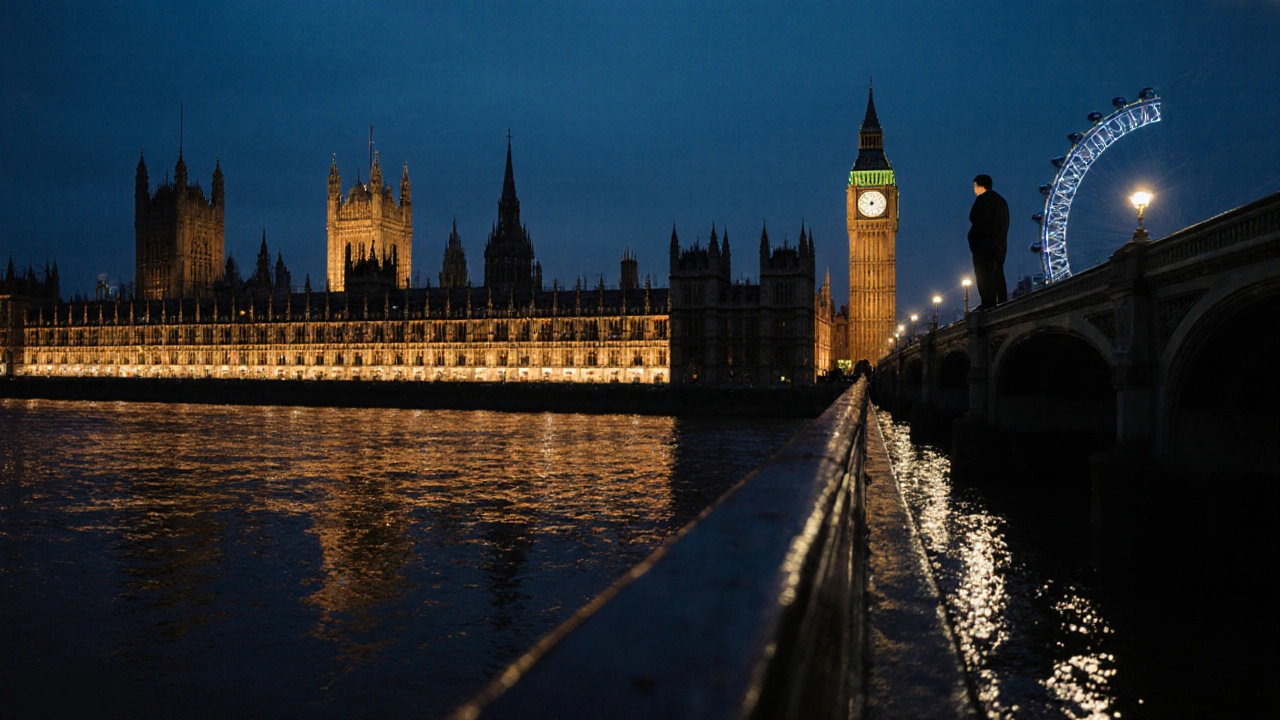 The Houses of Parliament lit up at night, reflected on the rain-slicked Thames.