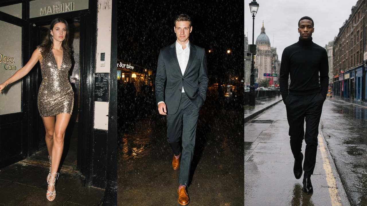 Three distinct London nightlife outfits side by side under a rainy night sky, representing different neighborhoods.