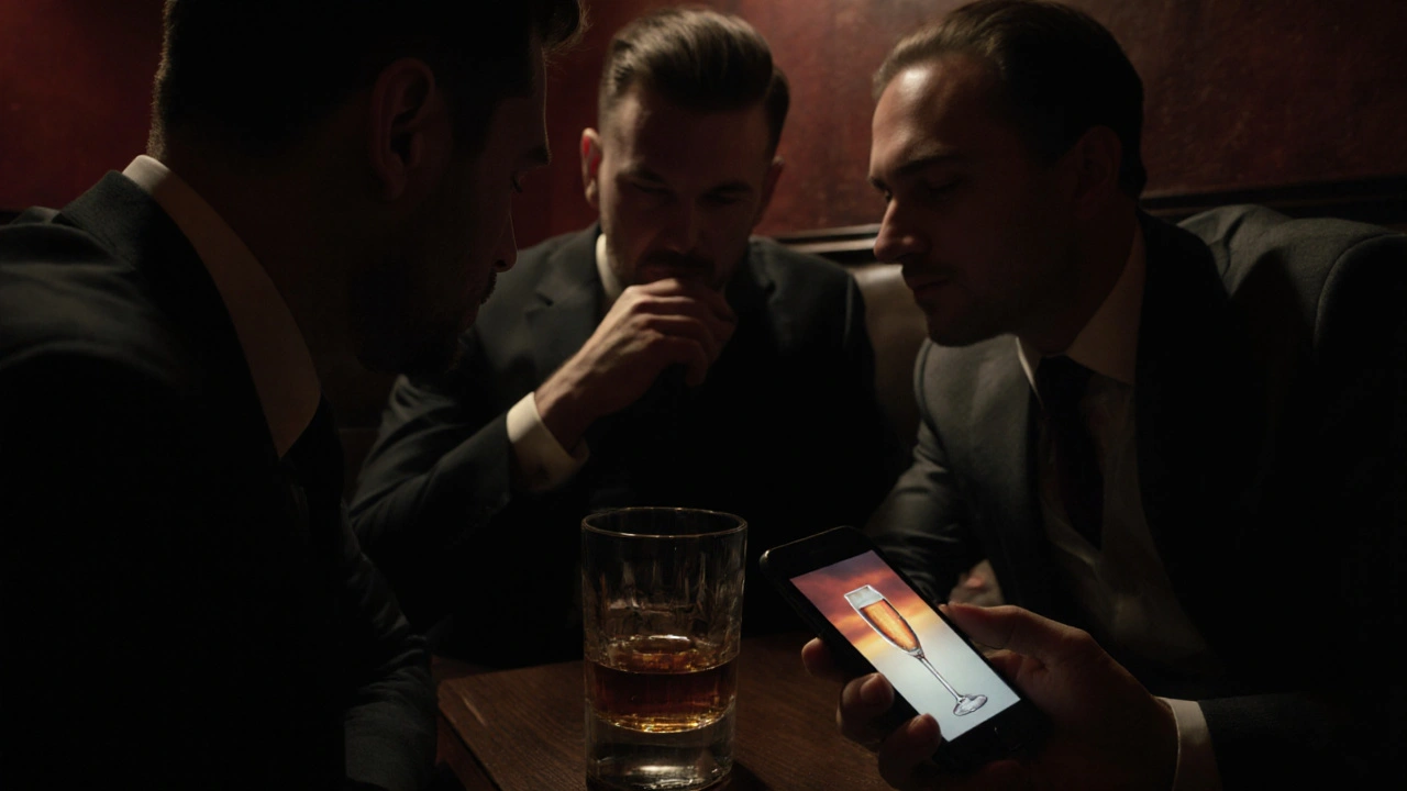 Three men in suits whisper in a dim Soho pub backroom, one showing a phone with an image of champagne and art gallery, evoking secrecy and trust.