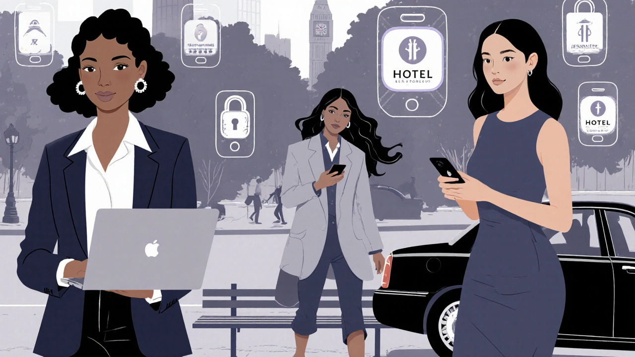 Three professional women in London going about their daily lives, hinting at their hidden work as independent escorts.