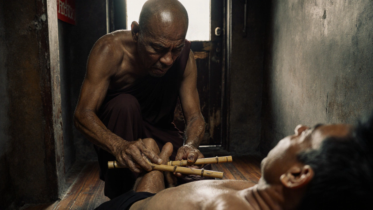 Weathered hands of an ex-monk applying bamboo sticks to a client&#039;s calves in a quiet Soho room.