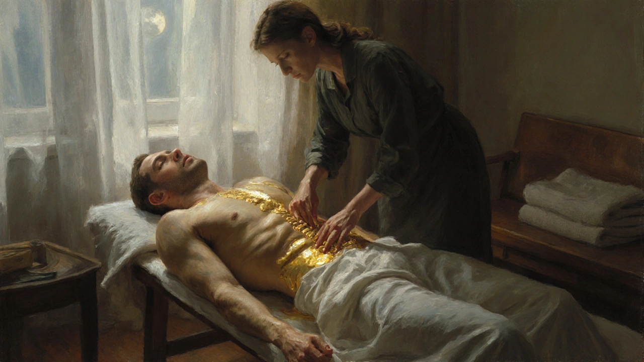 Woman&#039;s hands tracing a man&#039;s spine in moonlit room, oil shimmering, minimalist setting, no faces.