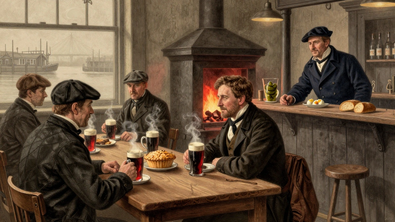 19th-century dockworkers enjoying stout and pie in a traditional East End pub.