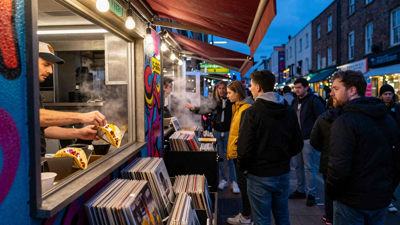 A bustling Camden taco truck serves sizzling carnitas tacos late at night.