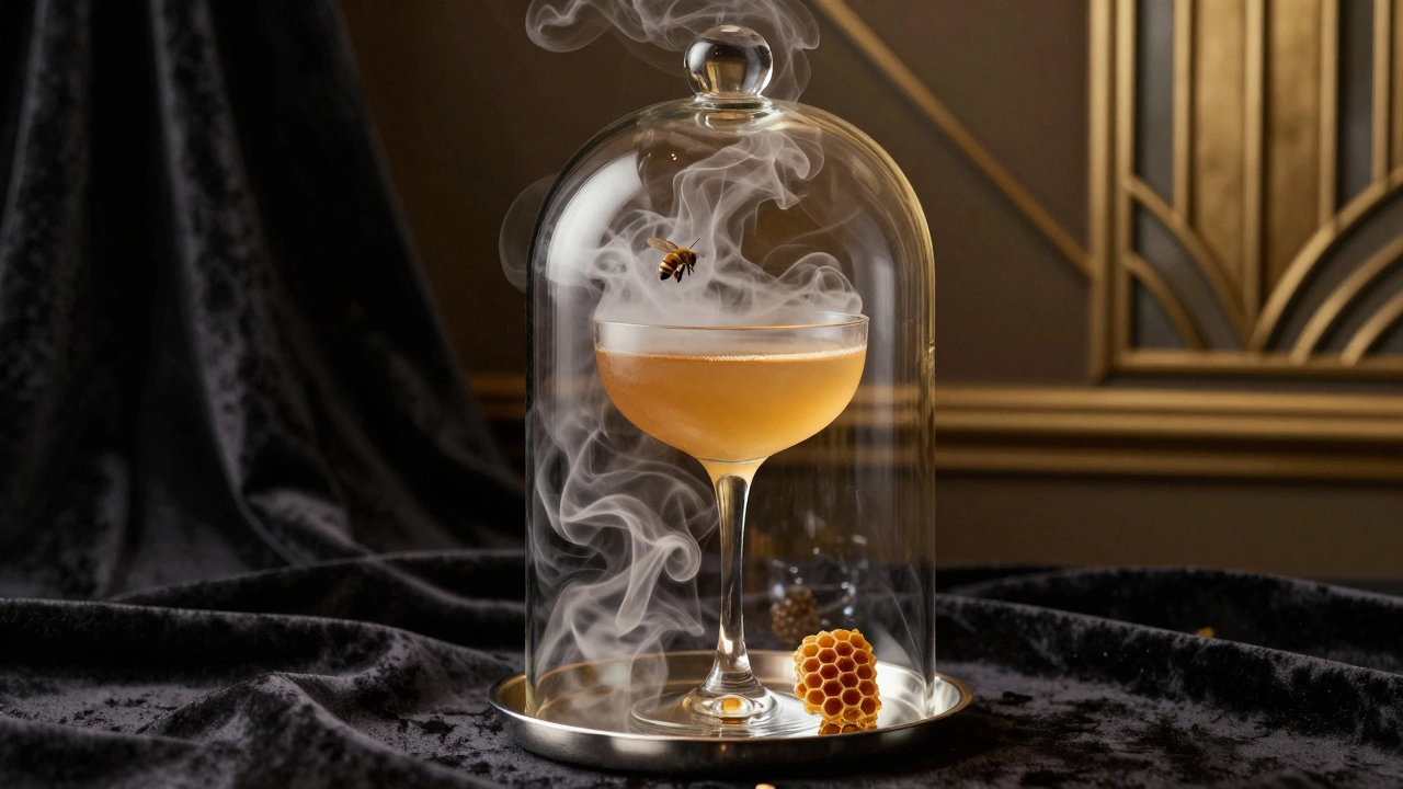 A cocktail served under a glass dome filled with swirling applewood smoke.
