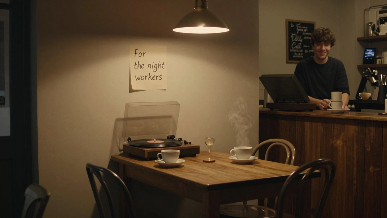 A cozy 24-hour tea house with steaming cups, handwritten notes on the wall, and soft golden lighting.