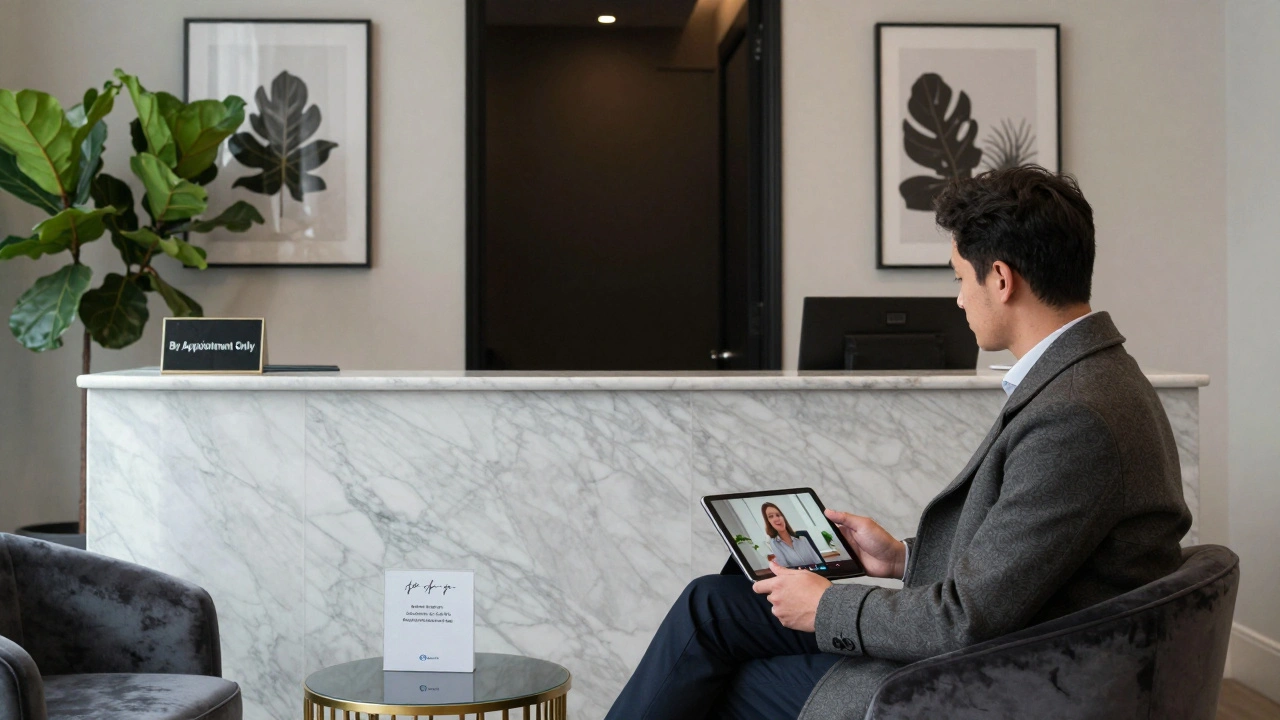 A discreet upscale escort agency reception in London with a man waiting quietly in a velvet armchair.