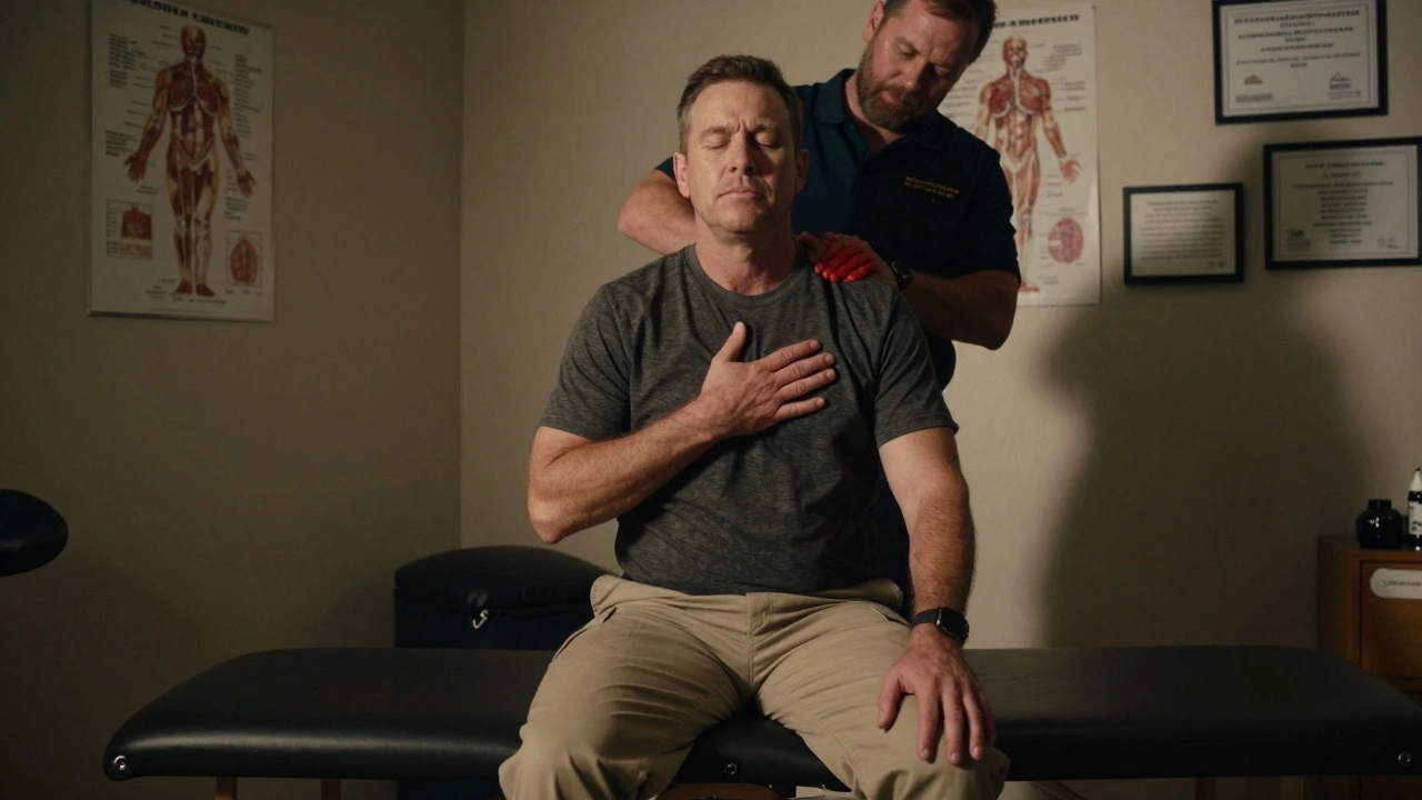 A former Marine sitting post-massage, eyes closed, showing visible relief and relaxation.