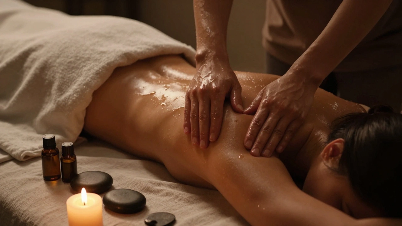 A gentle massage with warm oil and candlelight, serene and intimate, no explicit nudity.