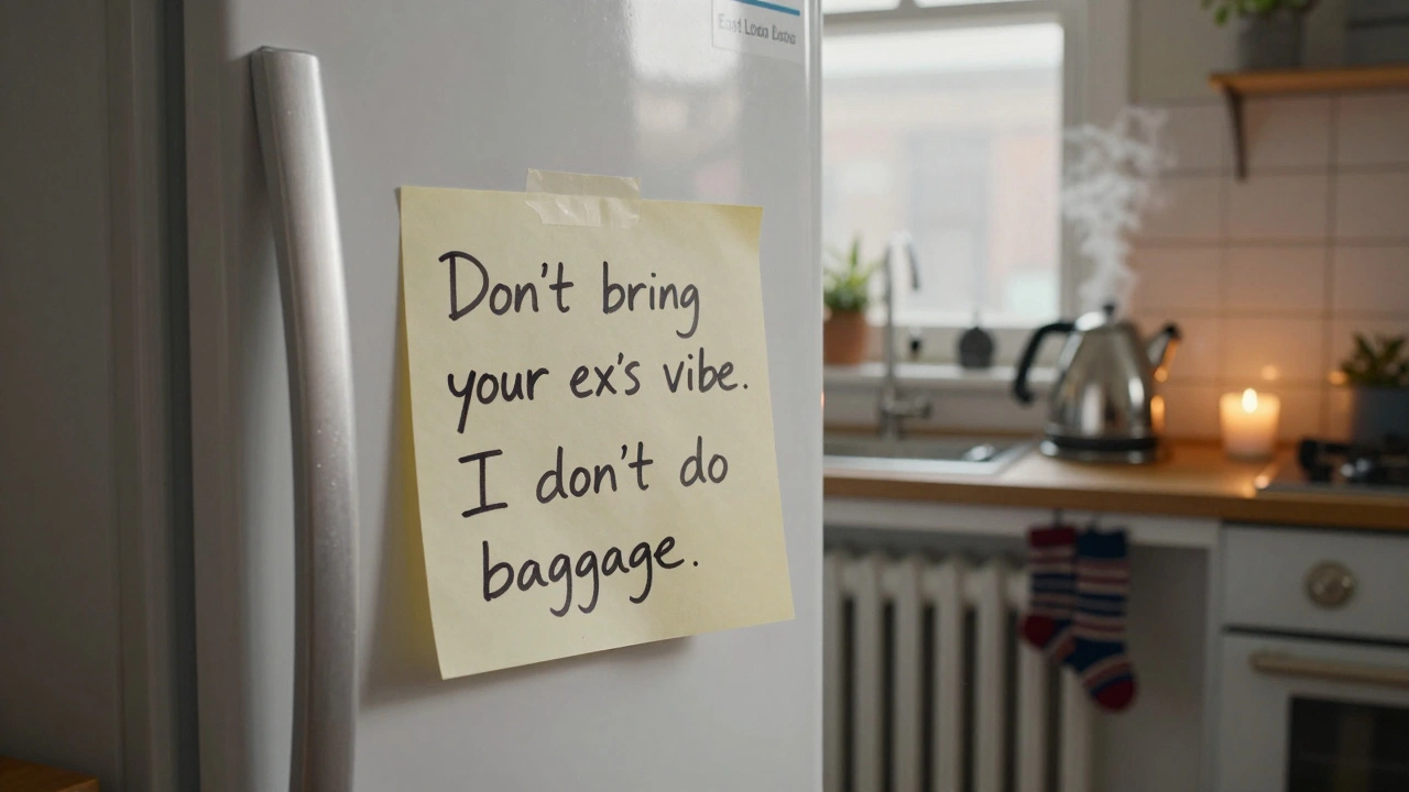 A handwritten note on a fridge reads 'Don’t bring your ex’s vibe' beside steaming tea and drying socks.