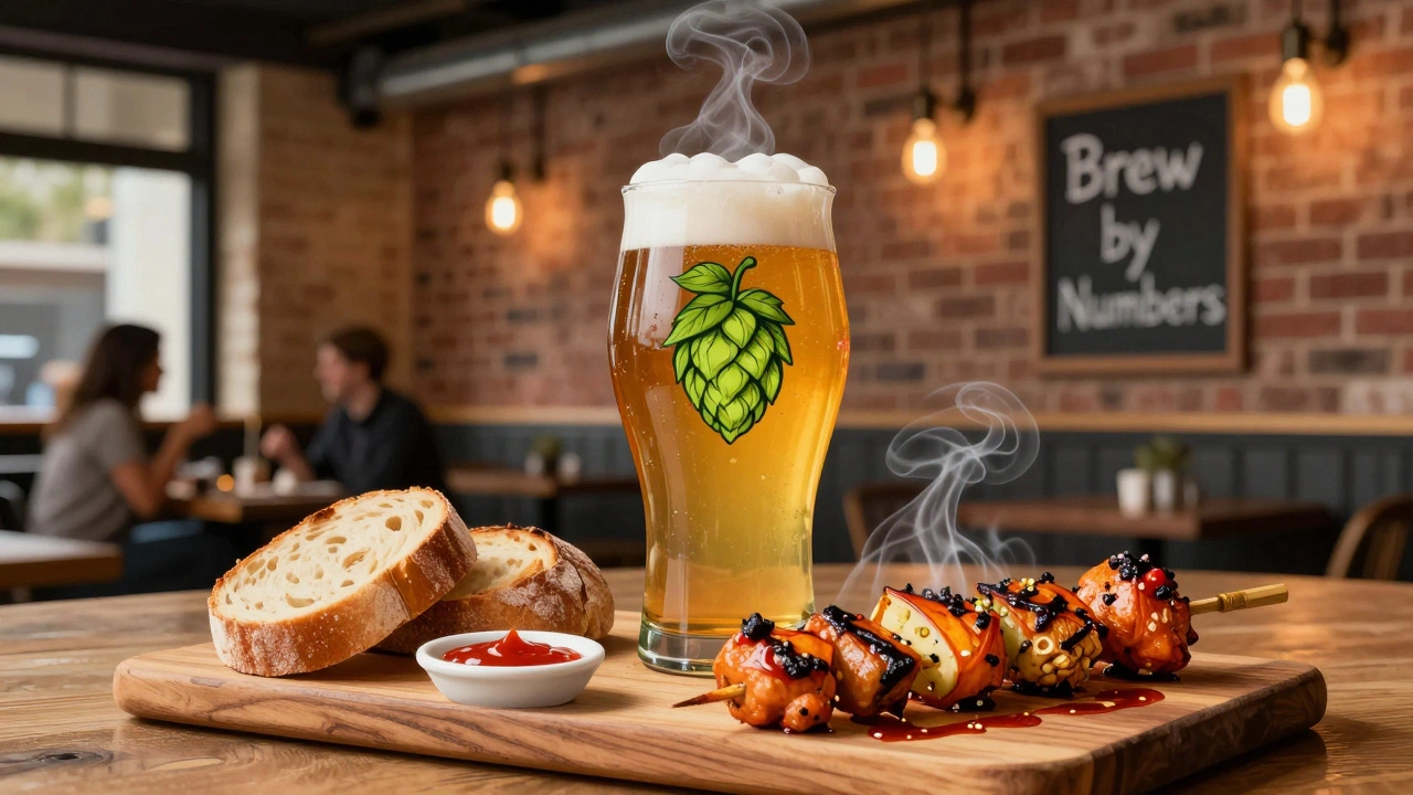 A hoppy IPA paired with spicy Thai chicken skewer in a modern gastropub.