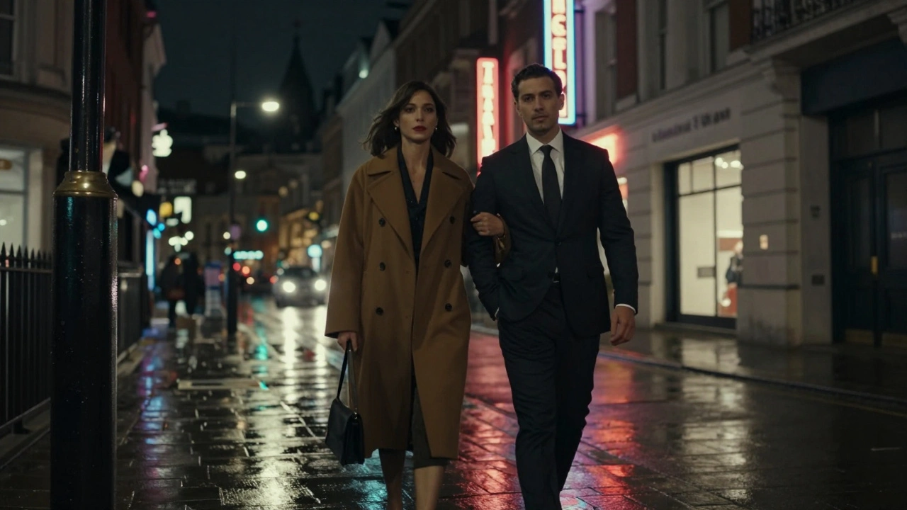 A man and woman walk together through the neon-lit streets of Soho at midnight, city lights reflecting on wet pavement.