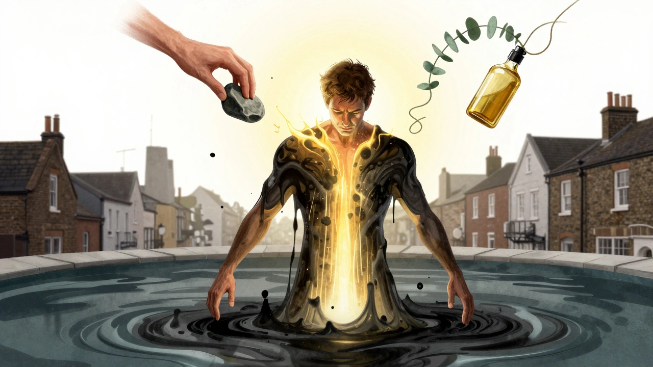 A man emerges from dissolving stress shadows, surrounded by floating massage tools and golden light.