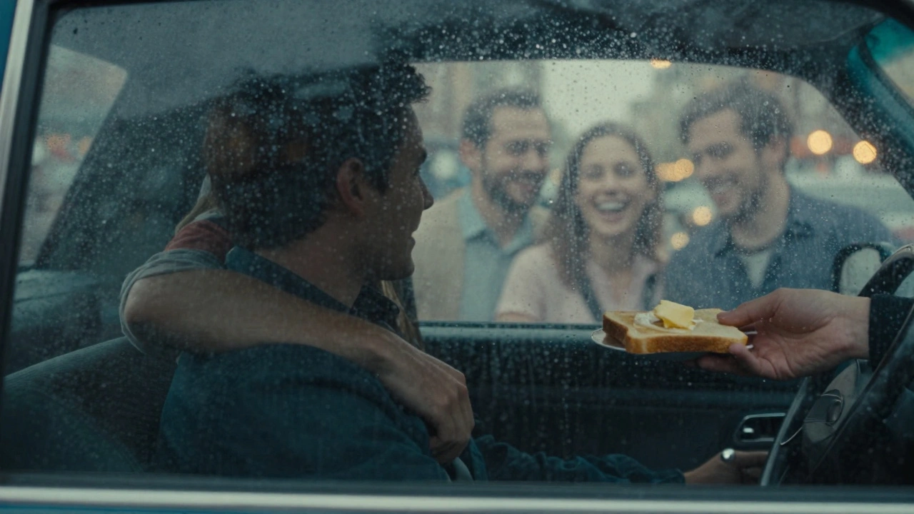 A man in a taxi sees ghostly memories of comfort reflected in the rain-streaked window at night.