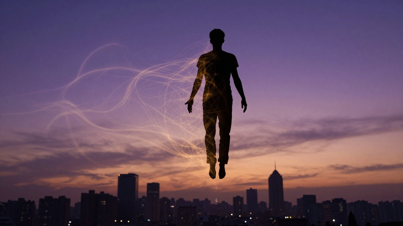 A man’s silhouette dissolves into light waves, symbolizing the release of physical and emotional tension.