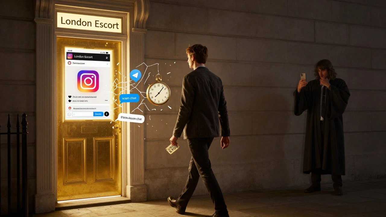 A man walks away from a golden door labeled 'London Escort', leaving behind four broken illusions, bathed in warm light holding a tip.