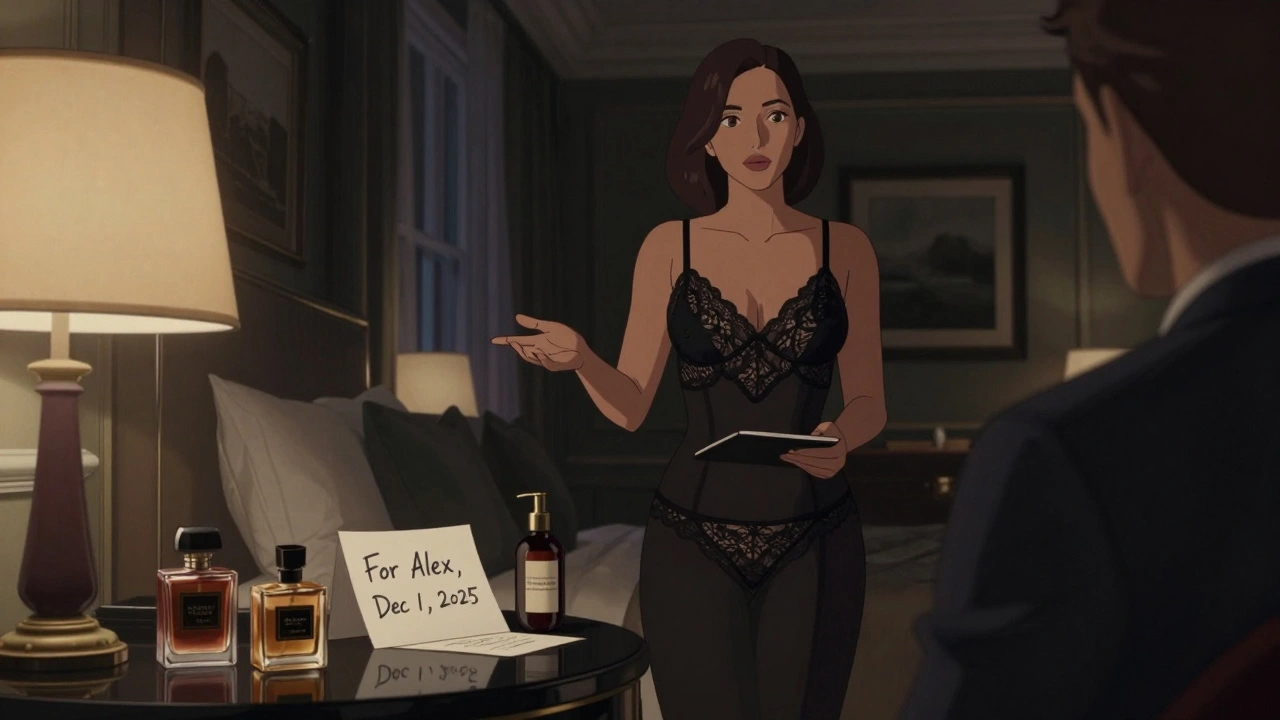 A professional escort in lingerie calmly guides a client in a luxury hotel room, with personal items and a handwritten ID note visible on the nightstand.