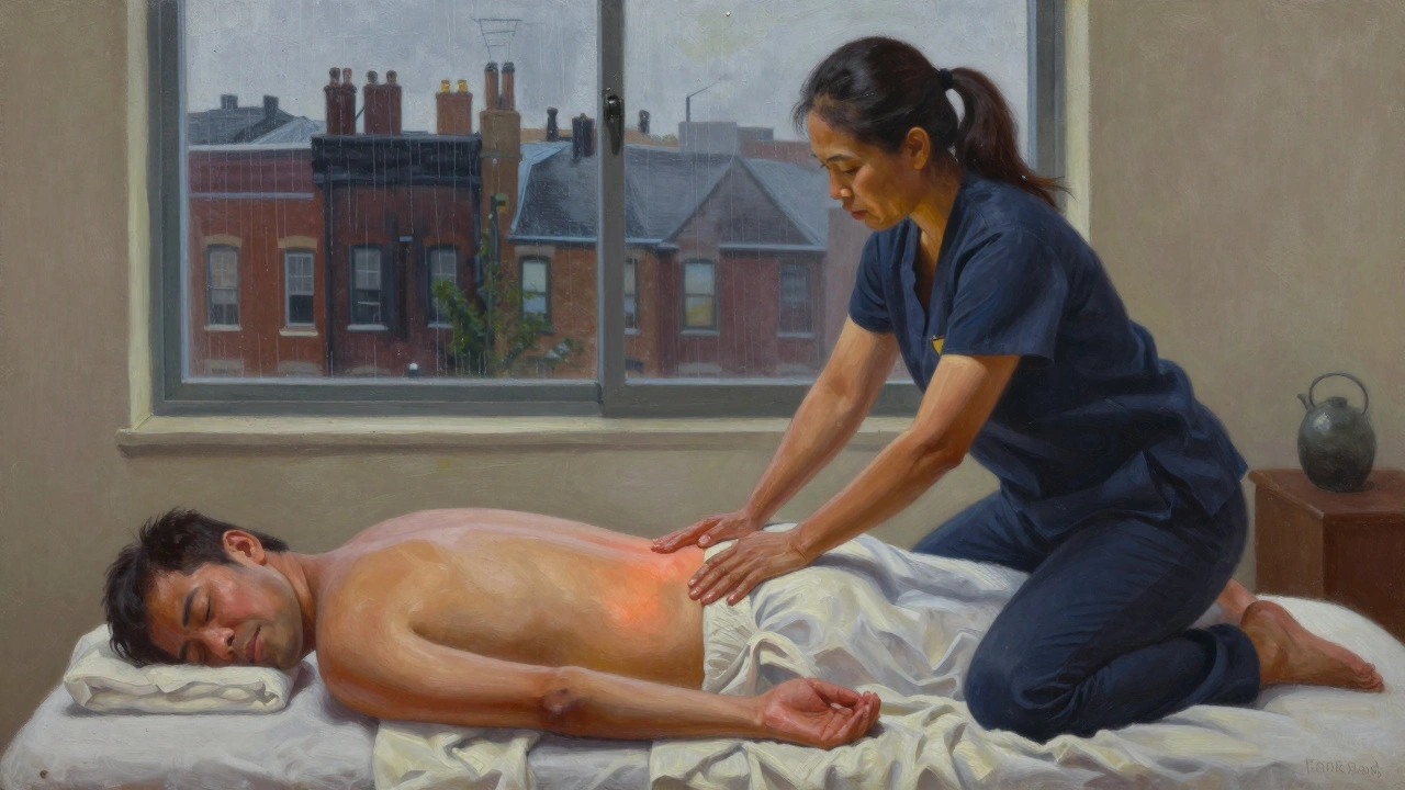 A Thai therapist works intensely on a client's back with warm stones, rain visible through the window.