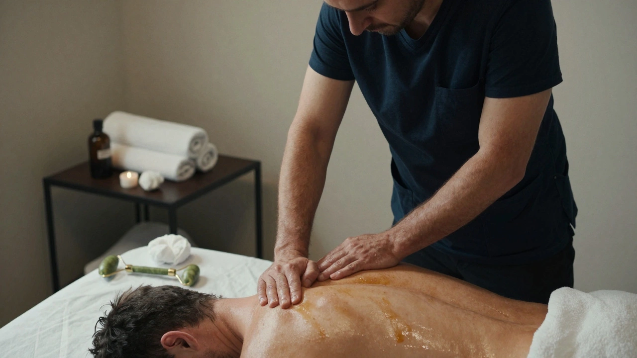 A therapist applies deep pressure to a man’s back with focused hands, oil glistening on skin.