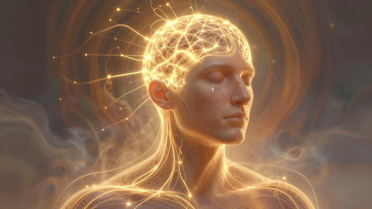 Abstract representation of neural release during Indian head massage, golden light radiating from scalp and neck.