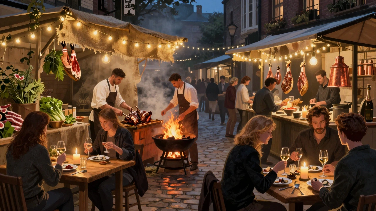 Candlelit Borough Market at night with chefs grilling meat and patrons tasting oysters and wine.